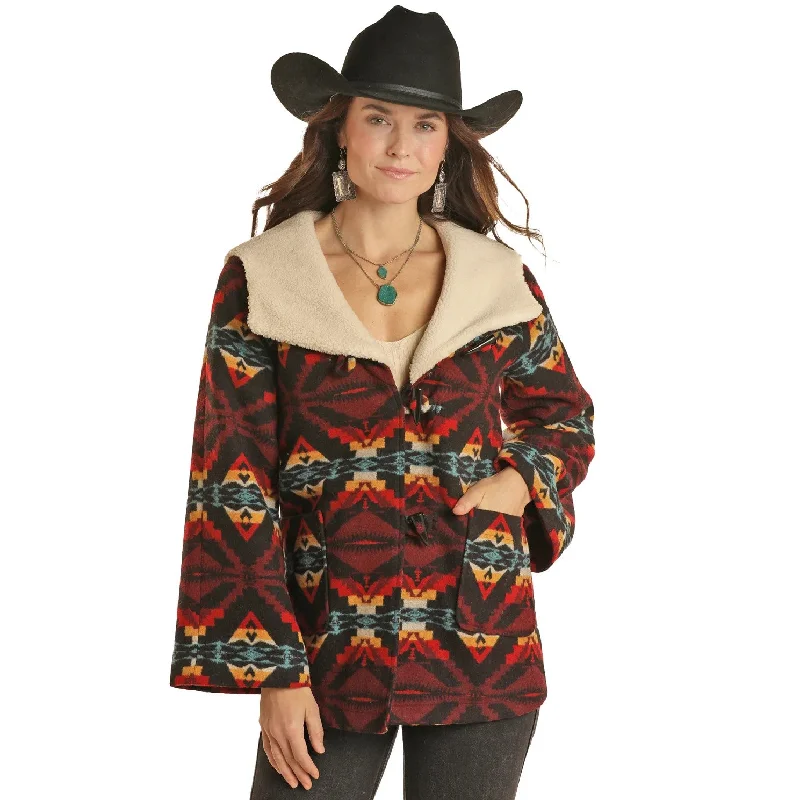 Powder River Ladies Black Aztec Jacquard Wool Cape Coat DW92C01502-01 Stand-Up Roll-Neck Turtle Powder River Ladies Black Aztec Jacquard Wool Cape Coat DW92C01502-01 Stand-Up Roll-Neck Turtle