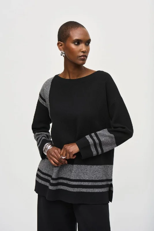 Joseph Ribkoff Black/Vanilla Striped Pullover Boxy Sweater Top 243949 Peter Pan Collar