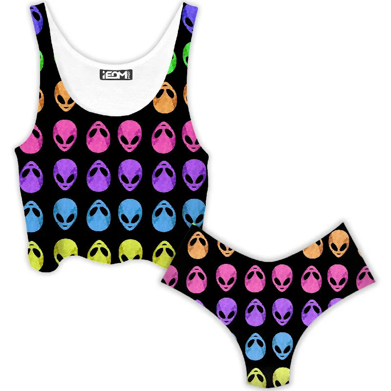 Alien Pattern Crop Top and Booty Shorts Combo Print Jacquard Patchwork