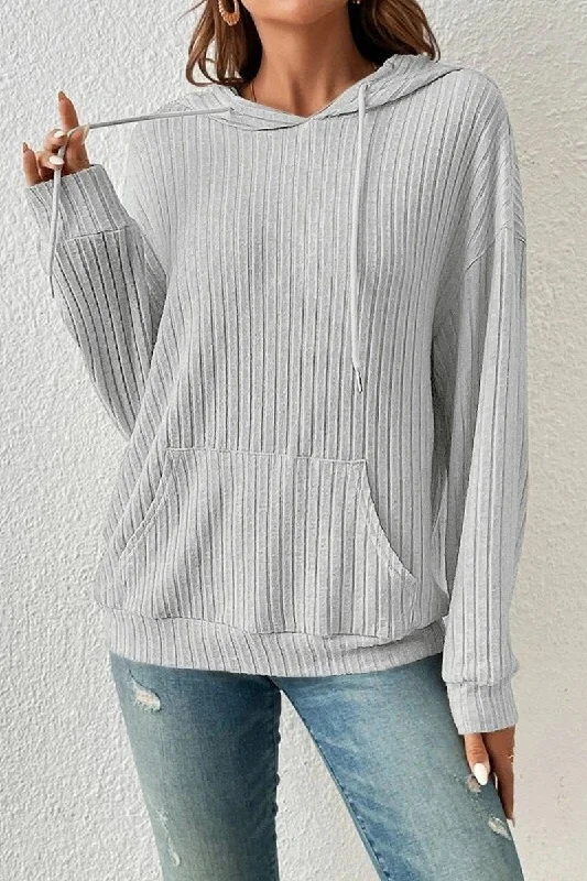 WOMEN LONG SLEEVE RIB POCKET PULLOVER HOODIE Elbow Length Sleeve