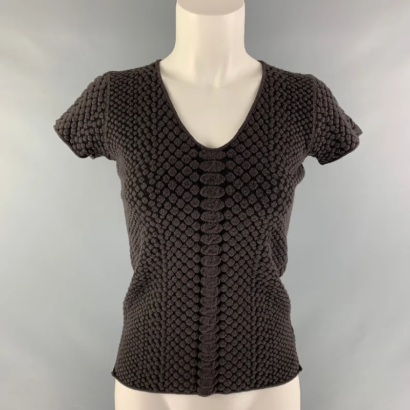 ARMANI COLLEZIONI Size 6 Brown &  Black Nylon Blend Dots Pullover Flutter Sleeve Feminine