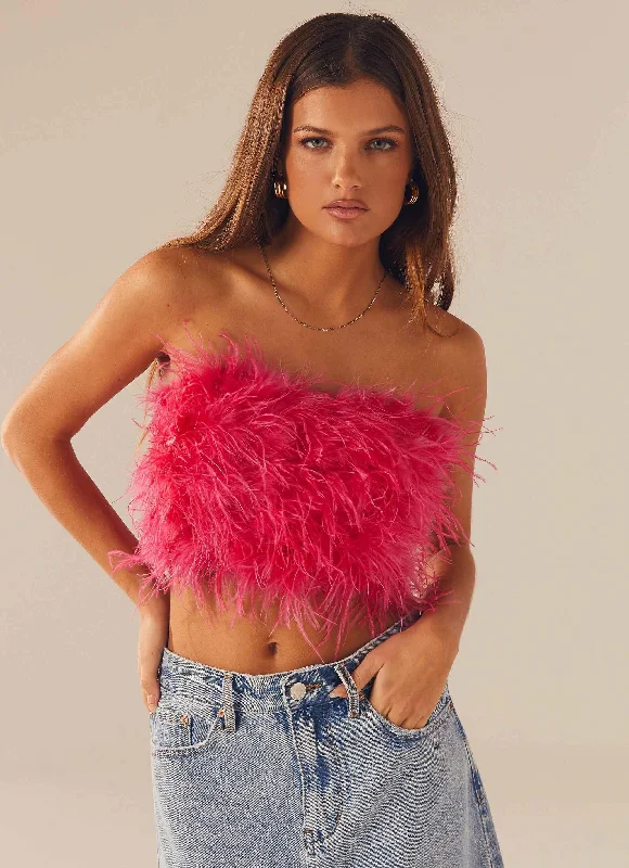 The Night Is Ours Feather Crop Top - Pink Cosmo Fleece Fabric Down Fabric Feather Fabric