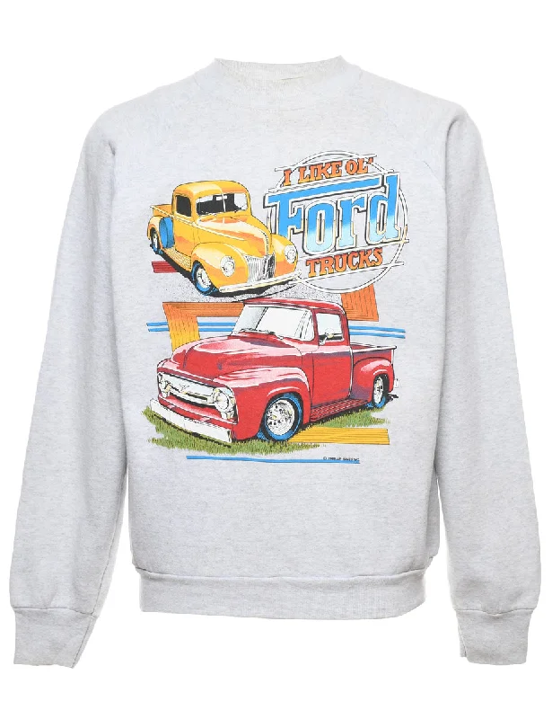 Light Grey Vintage Truck Design Sweatshirt - L Hoodie with Hem Contrast Bold Stylish Light Grey Vintage Truck Design Sweatshirt - L Hoodie with Hem Contrast Bold Stylish