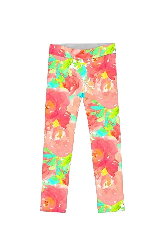 Little Good Idea Lucy Cute Bright Floral Print Leggings - Girls Trendy Sporty Compression Leggings
