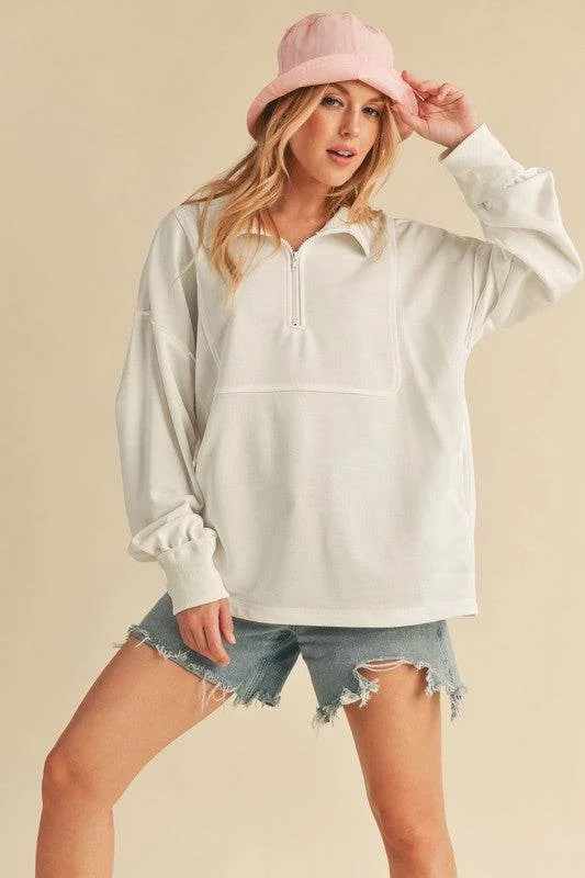 Aemi+Co Exposed Seam Half Zip Drop Shoulder Sweatshirt Hoodie with Crew Neck Simple Timeless Aemi+Co Exposed Seam Half Zip Drop Shoulder Sweatshirt Hoodie with Crew Neck Simple Timeless
