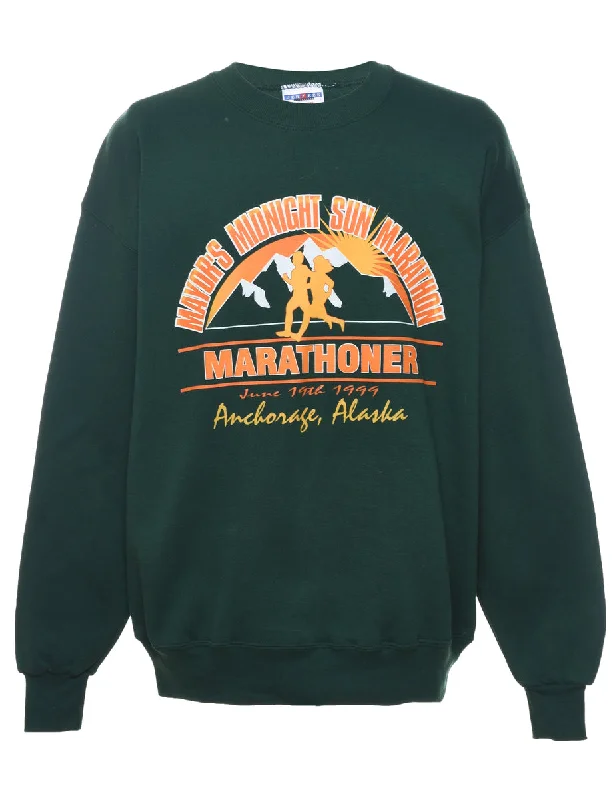 Dark Green Marathoner Printed Sweatshirt - XL Hoodie with Button Classic Timeless