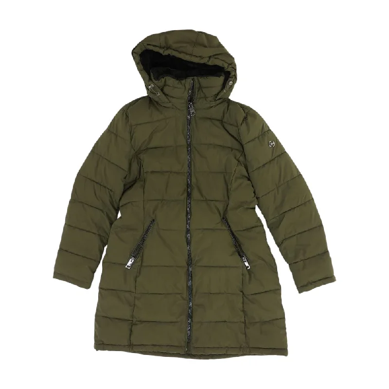 Olive Solid Puffer Coat Turtleneck Wrap Cape