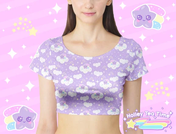 Shooting Star Clouds Purple Short Sleeve Crop Top [Made To Order] Knit Fabric Woven Fabric Fleece Fabric