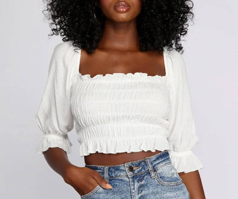 Just Friends Smocked Crop Top Front Pockets Side Pockets Patch Pockets