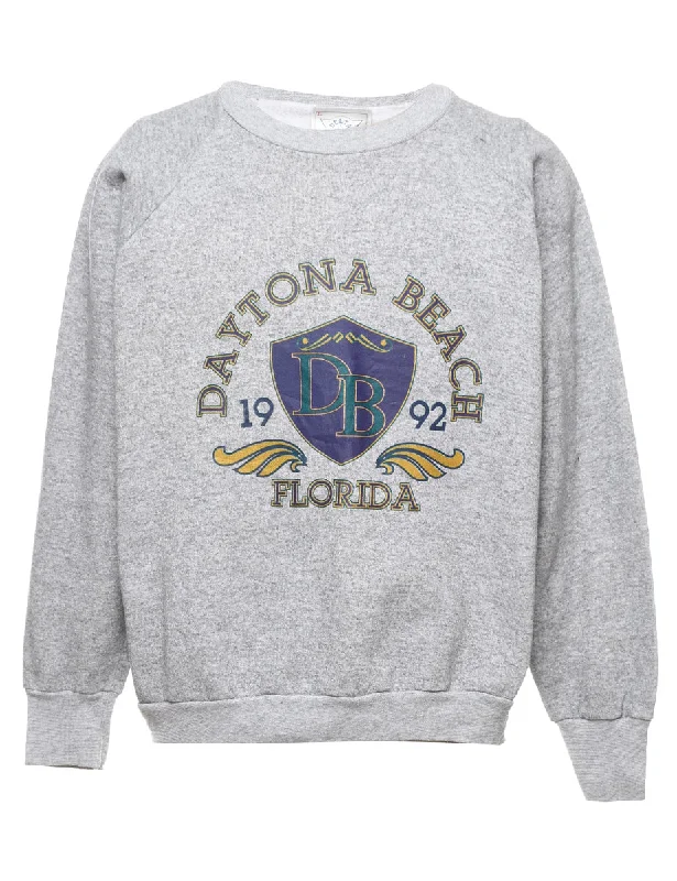 Daytona Beach Printed Light Grey Sweatshirt - L Hoodie with Lining Warm Insulated