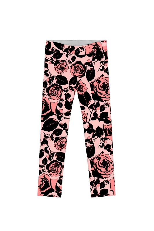Flirty Girl Lucy Cute Pink Black Floral Print Eco Legging - Girls Cozy Oversized Leggings