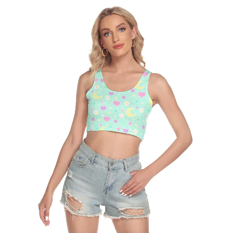Magical Spring Mint Crop Top Print Jacquard Patchwork