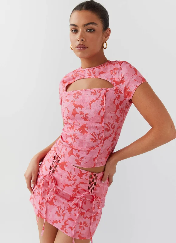 Take A Sip Tie Crop Top - Cherry Blossom Spandex Blend Rayon Blend Denim Blend