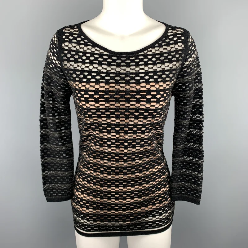 ESCADA Size S Black Striped Mesh Lined Pullover Shirred Sleeve Feminine