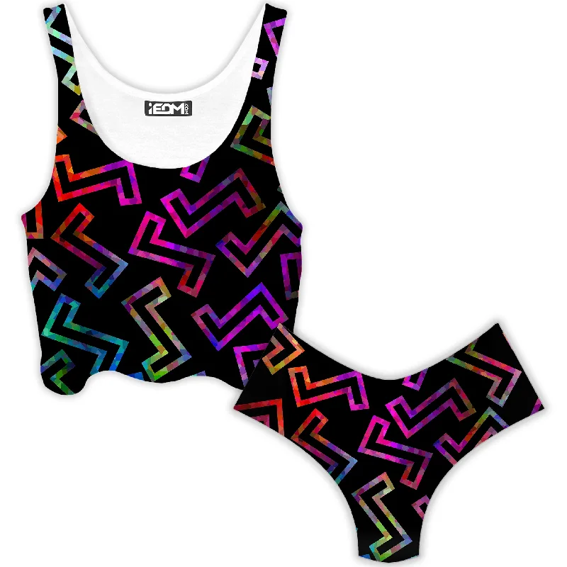 Sparkle Geometric Crop Top and Booty Shorts Combo Collared Crop Top Boat Neck A-Line