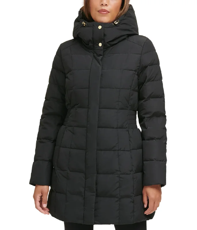 Box Quilt Down Zip Front Coat Dark Black Vent Hem Cuff