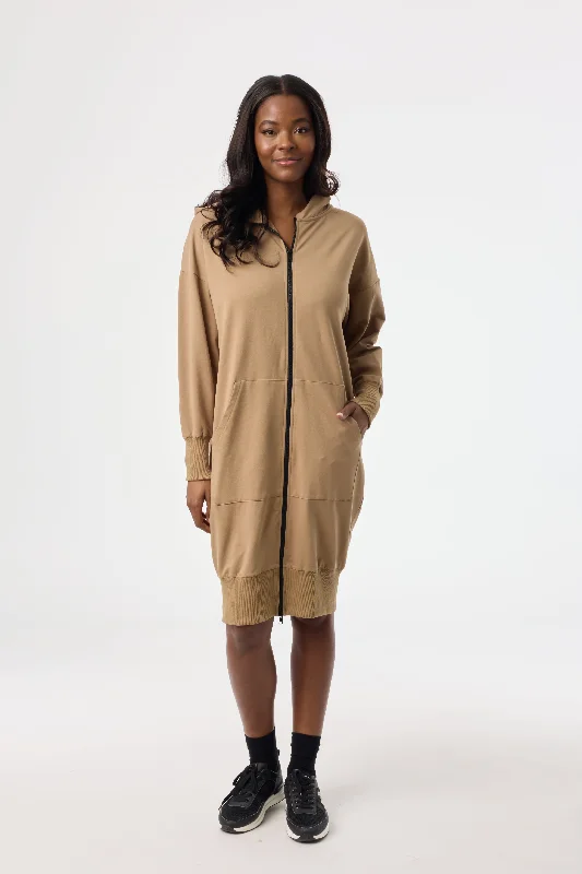Brown Zipper Sweatshirt Dress Hoodie with Ribbed Neckline Snug Warm