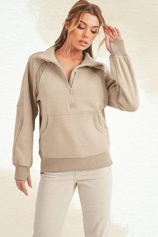 Aemi + Co Half Zip Raglan Sleeve Sweatshirt with Kangaroo Pocket in Oatmeal Hoodie with Longline Fit Extended Stylish Aemi + Co Half Zip Raglan Sleeve Sweatshirt with Kangaroo Pocket in Oatmeal Hoodie with Longline Fit Extended Stylish