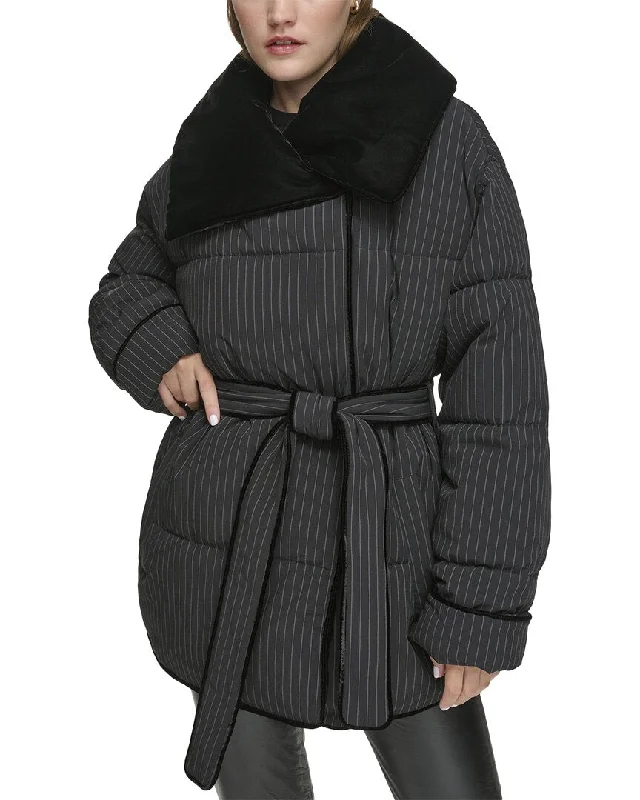 Andrew Marc Black Label Krithia Asymmetrical Wrap Puffer Coat Hooded Caped Scarf