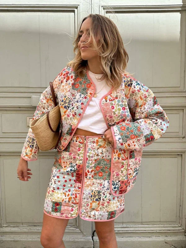 Floral Print Round Neck Thin Coat Tie-Waist Belted Drawstring