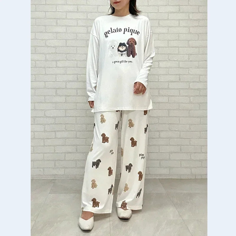 Pajamas Room Wear Ladies Autumn Women's Pajamas Set Puppy Long Sleeves Trousers 40-65kg Wear Cropped Trousers Casual Linen