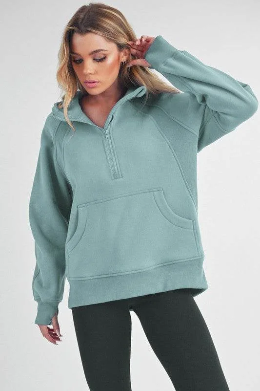Aemi+Co Half Zip Raglan Sleeve Sweatshirt with Kangaroo Pocket Hoodie with Exposed Zipper Edgy Industrial Aemi+Co Half Zip Raglan Sleeve Sweatshirt with Kangaroo Pocket Hoodie with Exposed Zipper Edgy Industrial