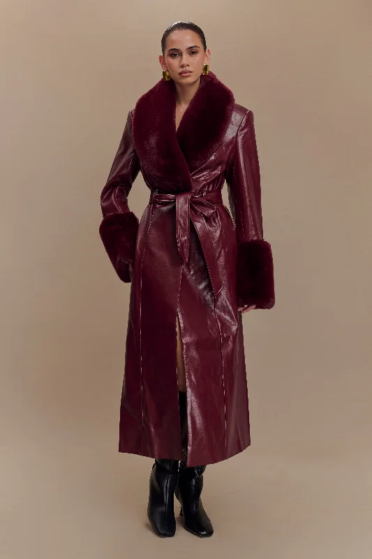 Bec Faux Leather Trench Coat With Faux Fur - Cherry Red Striped Polka Dot Solid
