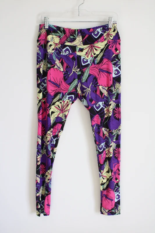 LuLaRoe Purple Pink Patterned Leggings | Tall & Curvy Cozy Reflective Detail Leggings