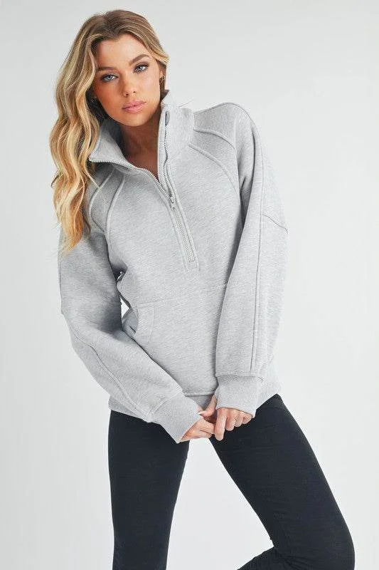 Aemi + Co Half Zip Raglan Sleeve Sweatshirt with Kangaroo Pocket in Light Gray Hoodie with Mock Neck Collared Structured Aemi + Co Half Zip Raglan Sleeve Sweatshirt with Kangaroo Pocket in Light Gray Hoodie with Mock Neck Collared Structured