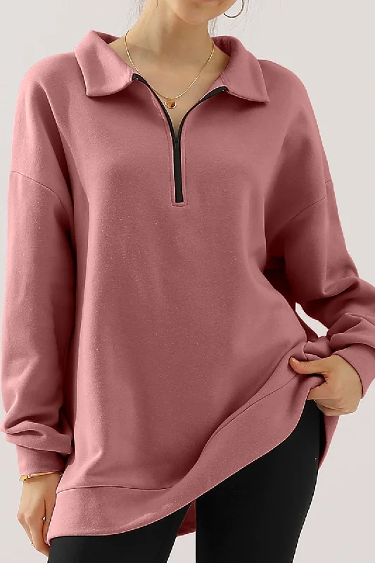 WOMENS OVERSIZED HALF ZIP PULLOVER LONG SLEEVE SWEATSHIRT QUARTER ZIP HOODIE SWEATER Polo Neck Sweater