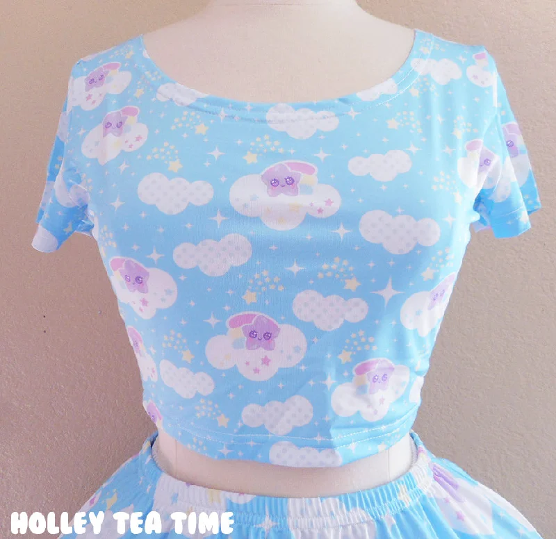 Shooting Star Clouds Blue Short Sleeve Crop Top [Made To Order] Cotton Fabric Linen Fabric Terry Fabric