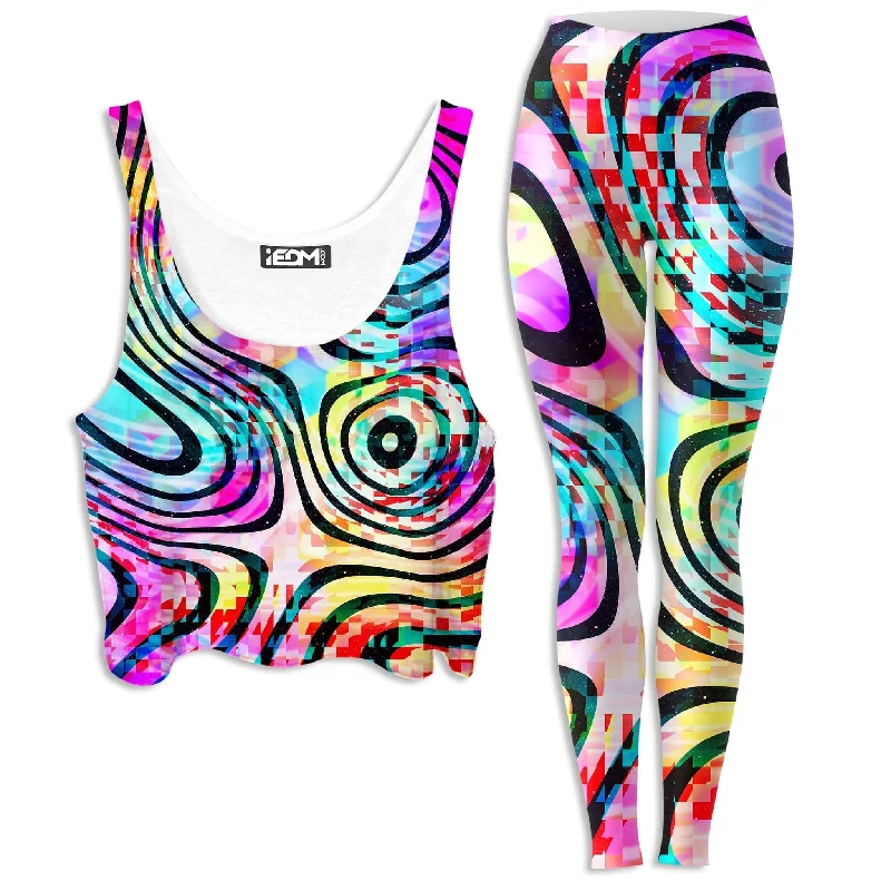 Psytrance Crop Top and Leggings Combo Ribbed Striped Patterned