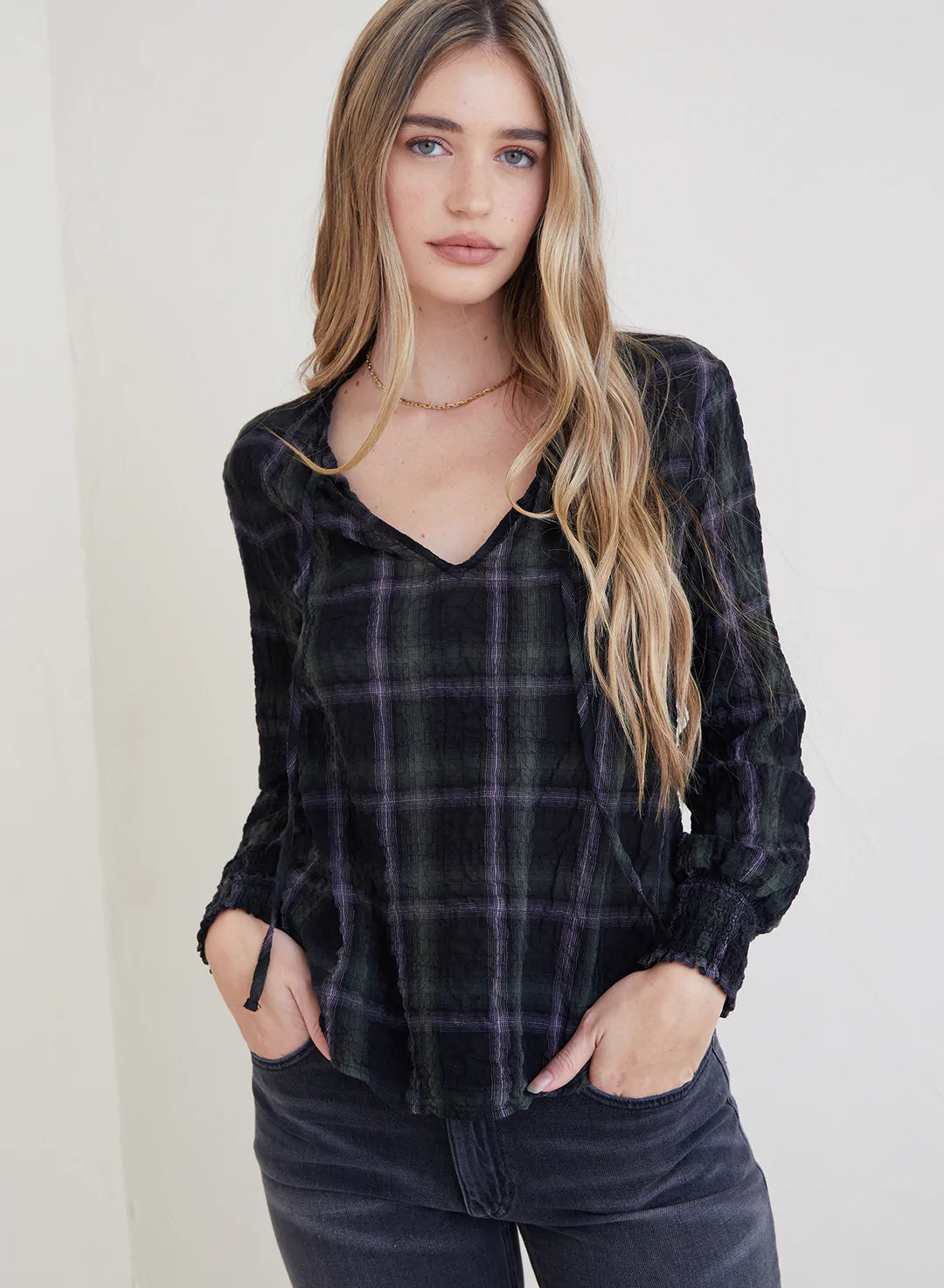 Bella Dahl Garden Plaid Tie-Neck Pullover Garden Plaid V-Neck Stylish Pullover