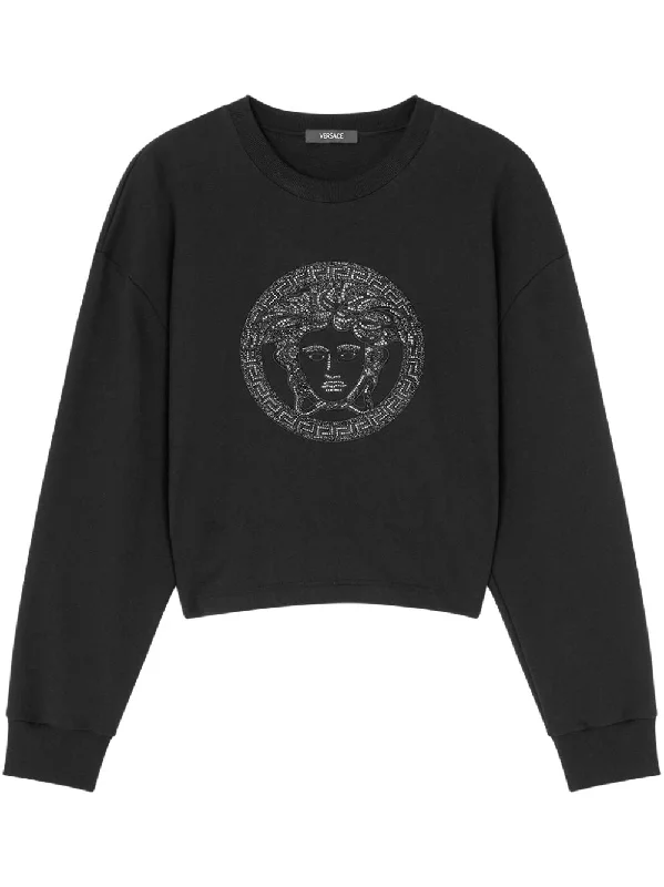 Versace Black Crystal Lurex Medusa Sweatshirt Hoodie with Hem Applique Textured Unique Versace Black Crystal Lurex Medusa Sweatshirt Hoodie with Hem Applique Textured Unique