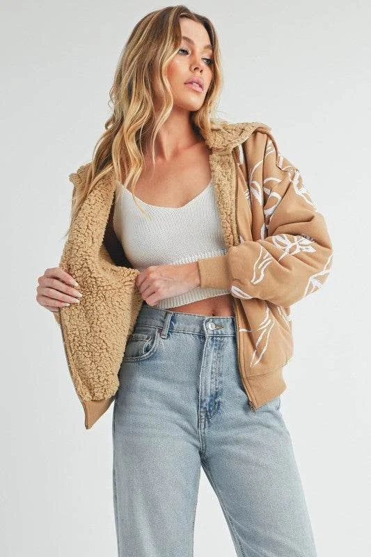 Aemi + Co Flower Print Zip Up Sherpa Hoodie Hoodie with Hem Elastic Stretchable Comfortable Aemi + Co Flower Print Zip Up Sherpa Hoodie Hoodie with Hem Elastic Stretchable Comfortable