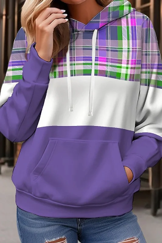 WOMEN PLAID COLOR BLOCK HOODIE PULLOVER T SHIRT Bardot Neck Top