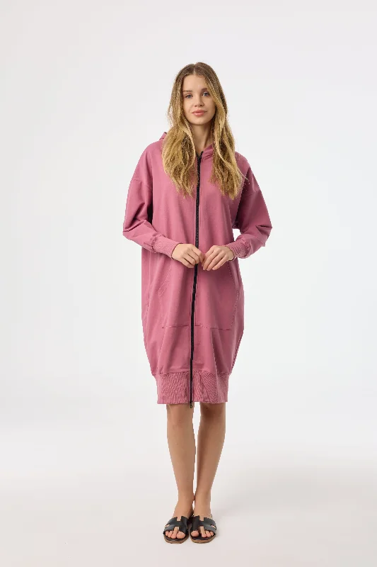 Raspberry Zipper Sweatshirt Dress Hoodie with Drawcord Adjustable Secure