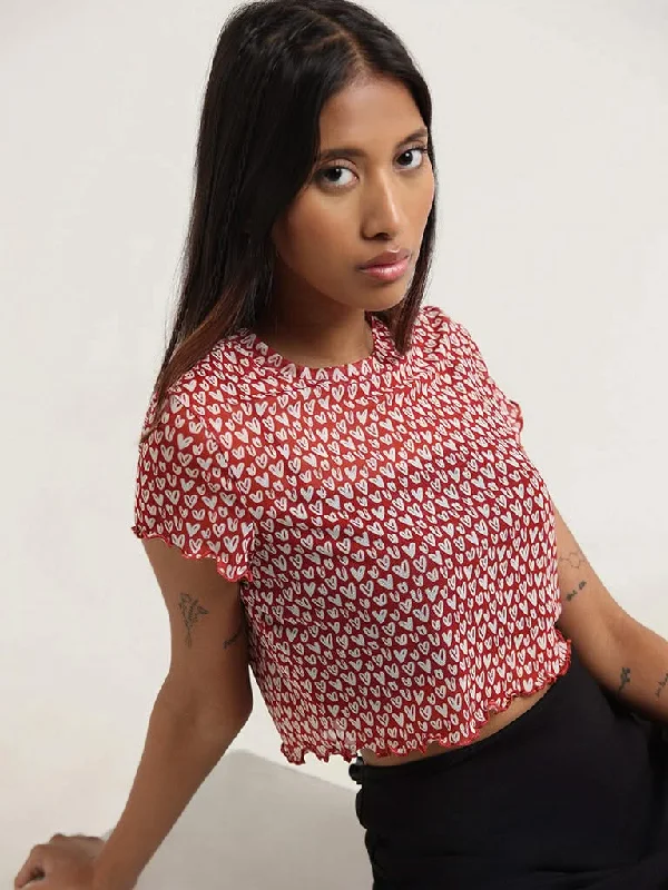 Nuon Red Printed Crop Top Machine Wash Dry Clean Hand Wash