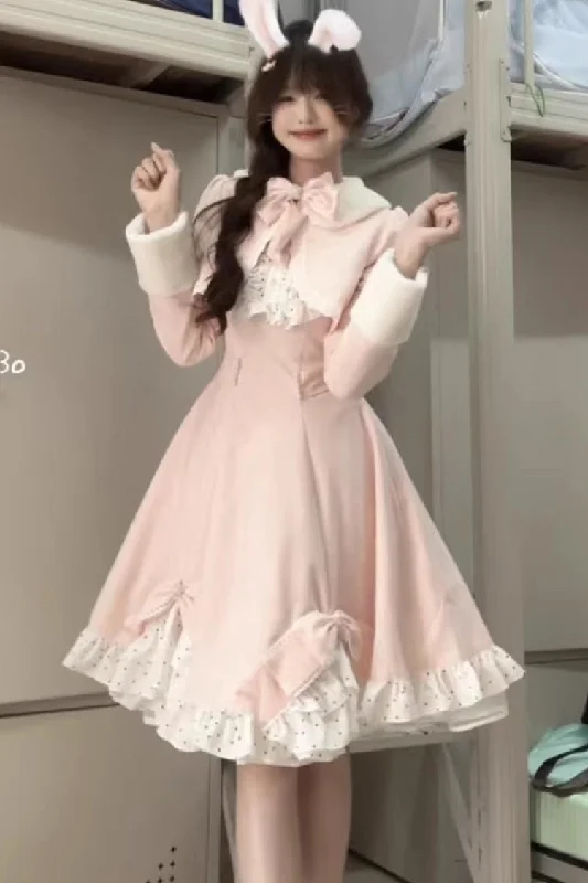 Pink Long Sleeves Ruffle Bowknot Sweet Princess Lolita Dress Coat Two-piece Set Wool Cashmere Tweed
