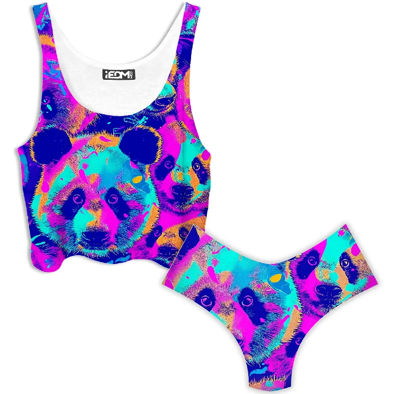 Panda Melt Crop Top and Booty Shorts Combo Zippered Buttoned Snapped