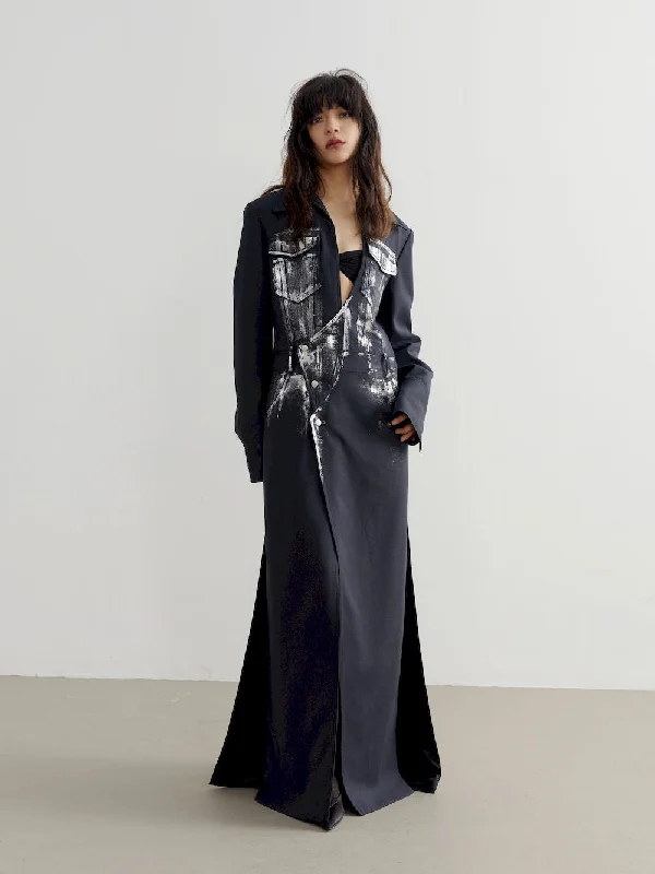 Vintage Long One-Piece Paint Slit Coat Bomber Denim Leather