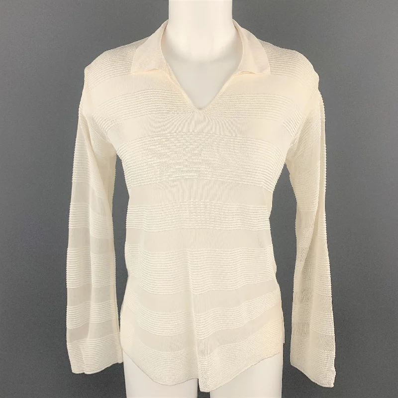 GIORGIO ARMANI Size 4 Cream Burnout Striped Viscose Collared Pullover Notched Neck Pullover