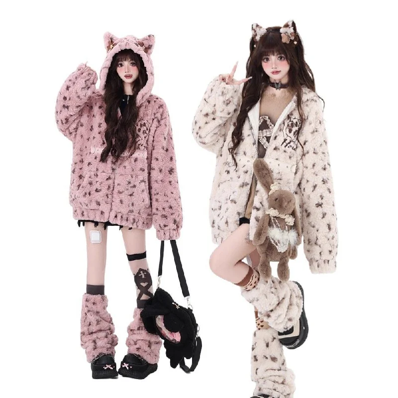 Women's winter cute ears lamb wool coat Suede Faux Fur Shearling