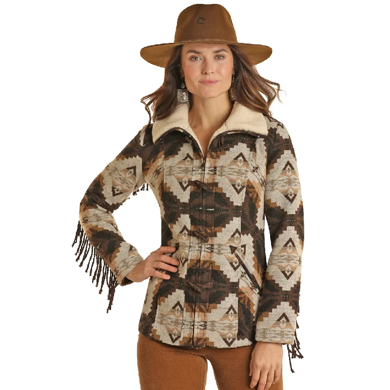 Powder River Outfitters Ladies Aztec Jacquard Fringe Wool Coat DW92C01500 Buttoned Toggled Snapped Powder River Outfitters Ladies Aztec Jacquard Fringe Wool Coat DW92C01500 Buttoned Toggled Snapped