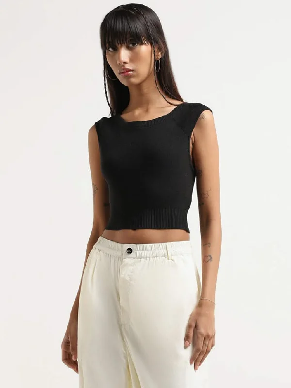 Nuon Black Self-Patterned Cotton Crop Top Zippered Buttoned Snapped