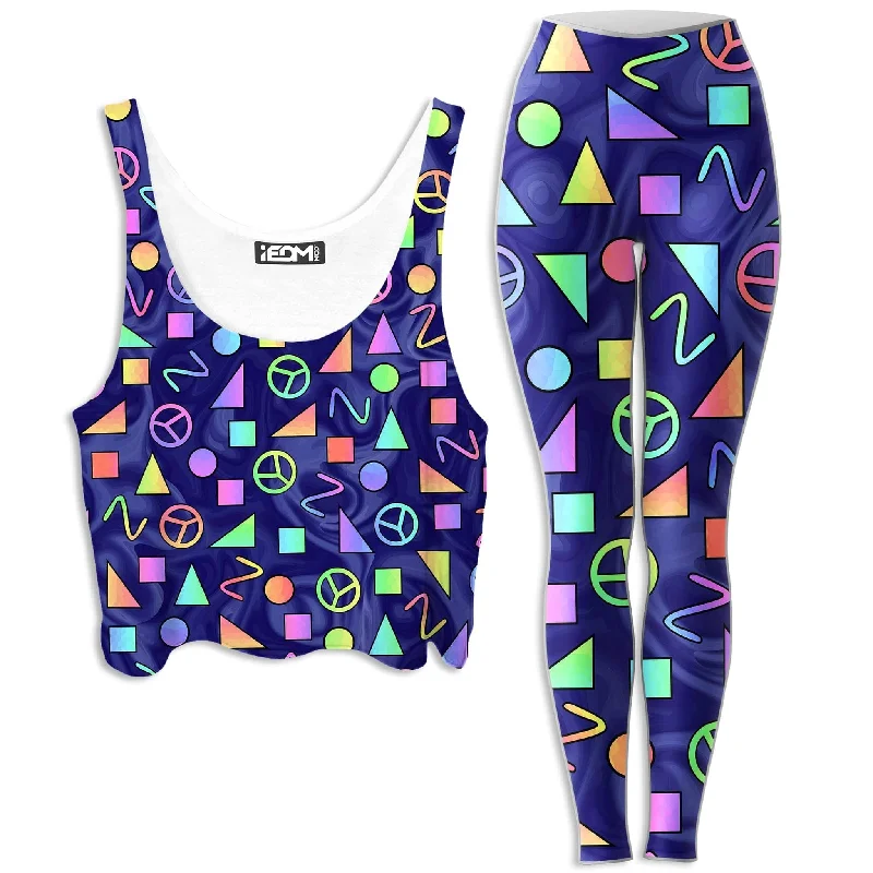Retro Shapes Peace Symbols Blue Crop Top and Leggings Combo Polka Dot Checkered Tartan