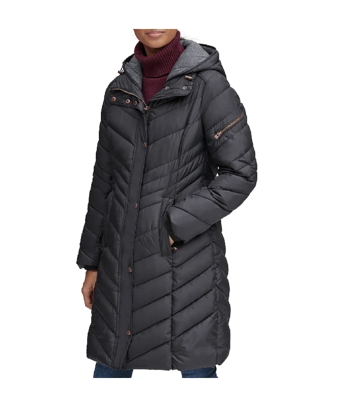 Odessa Faux Down Fill Jersey Trim Quilted Coat Black Boat Shawl Notched