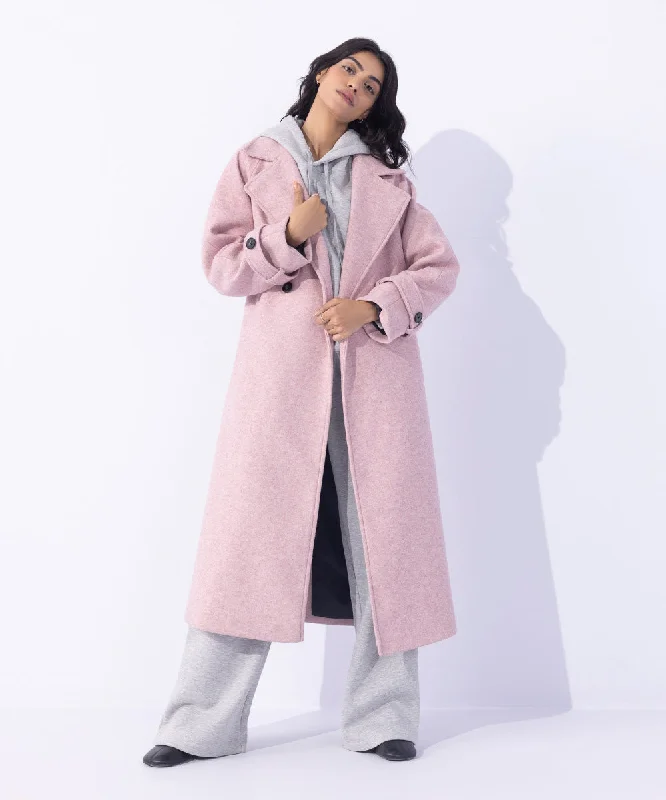Double Breasted Long Coat Cuffed Rolled Raglan