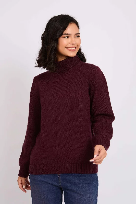 Women Pullover Regular Fit  Burgundy High Neck Pullover