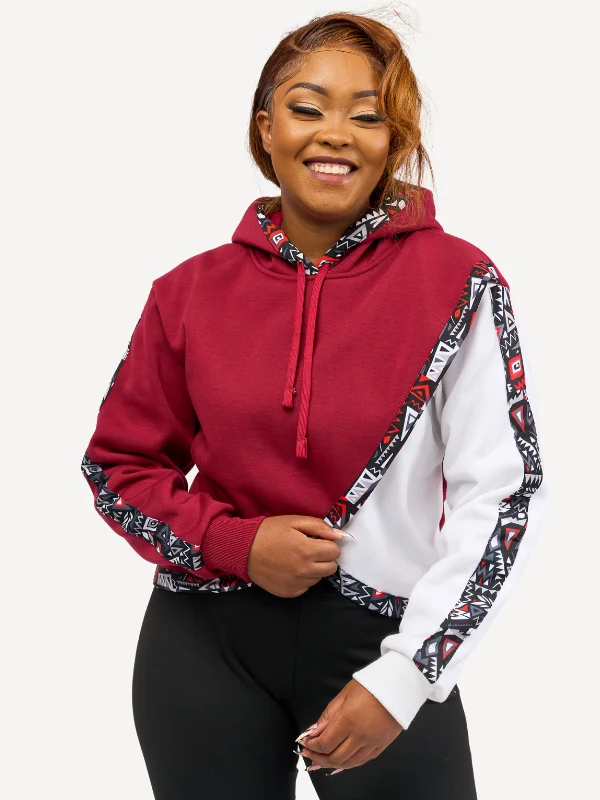 Ladies Block Hoodies: White & Maroon with Red & Grey KK Hoodie with Fur Luxurious Winter